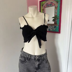 Black Cropped And Ruched Bow Top